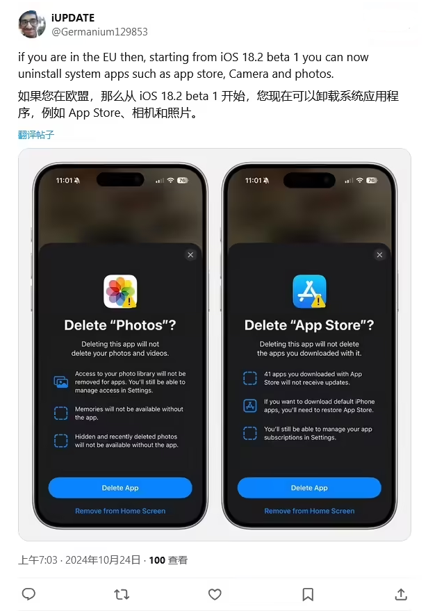 河间苹果手机维修分享iOS 18.2 支持删除 App Store 应用商店 