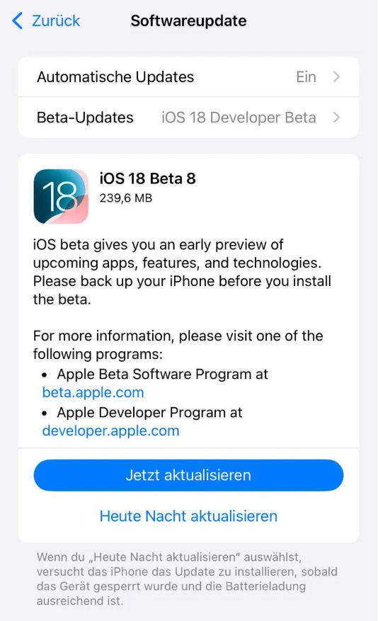 河间苹果手机维修分享苹果 iOS / iPadOS 18 开发者预览版 Beta 8 发布 